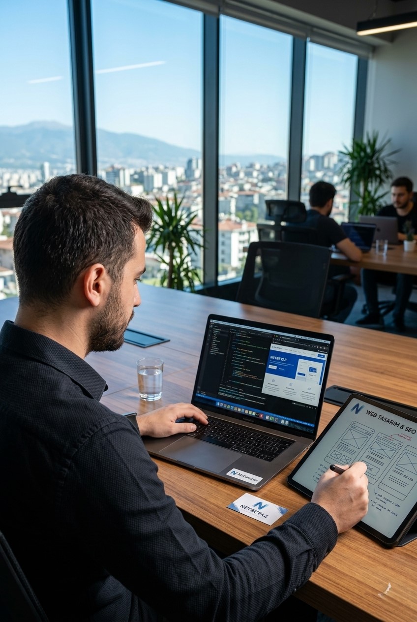 Web tasarım çalışmasını anlatan temsili Netbeyaz ofis görseli