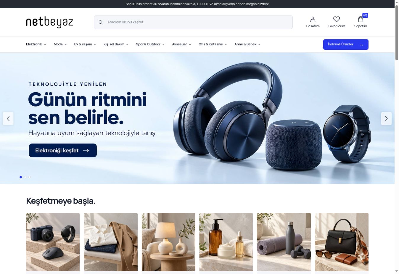 ZENA e-ticaret teması ana sayfa görünümü